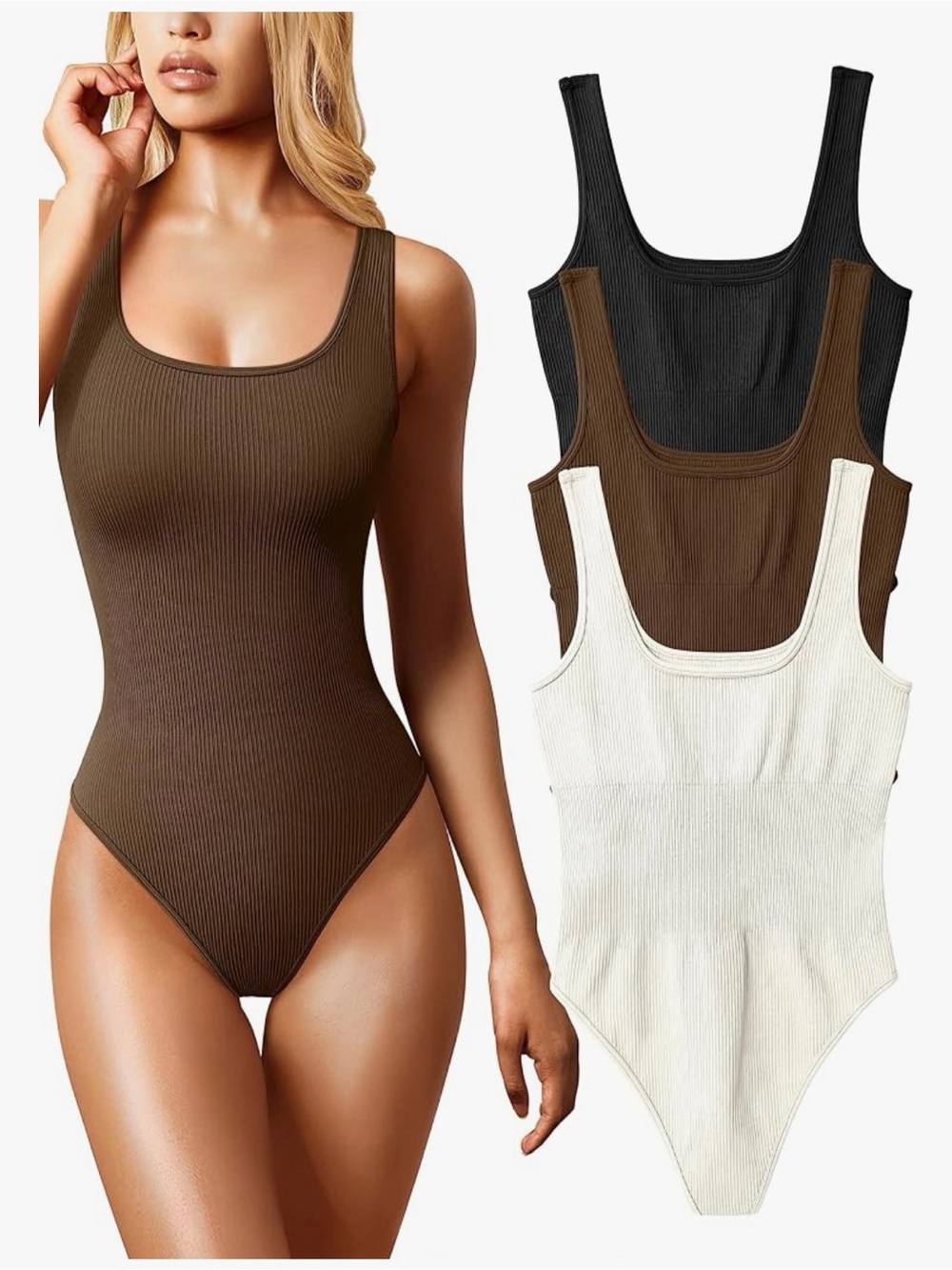 Ribbed Scoop Neck Bodysuit - Brown, Black & Cream 3-pack